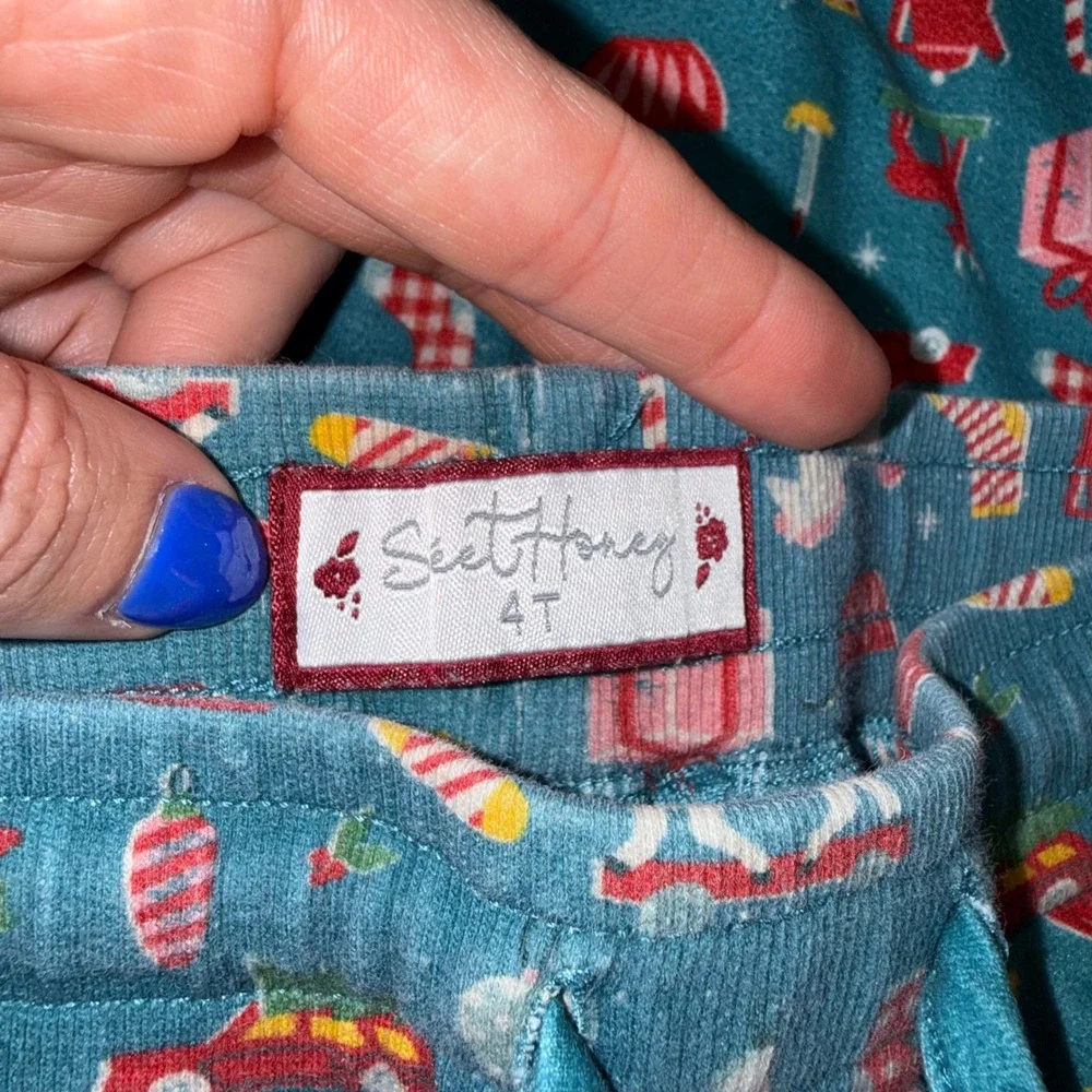 SweetHoney Pajama‎ Set Kids 4T Teal Excellent Christmas Henley Joggers